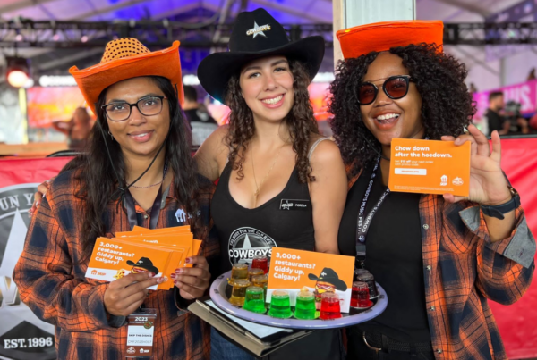 Food delivery ambassadors at cowboy-themed event promoting services.